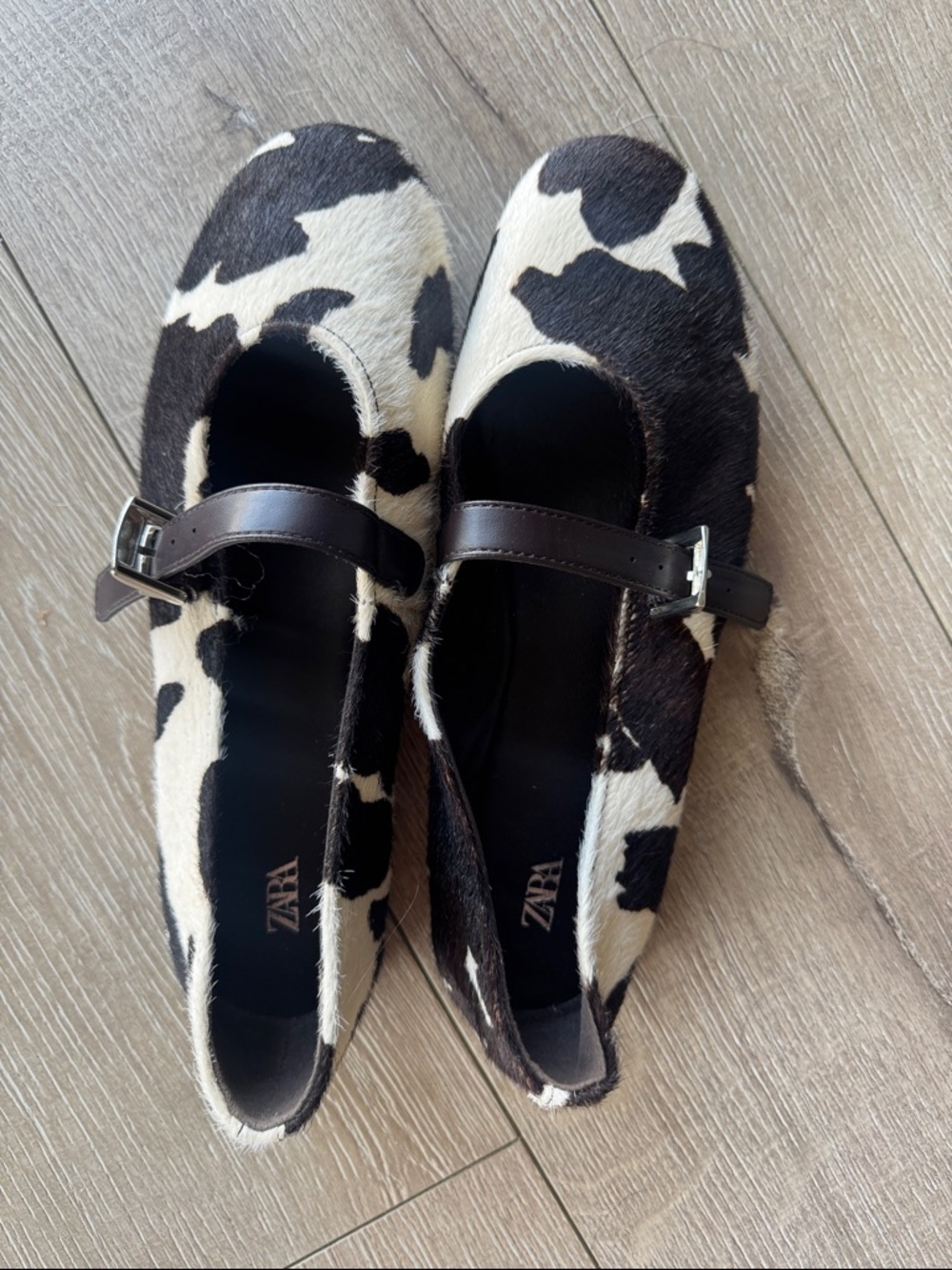 ZARA Black & White Cow Print Mary Jane Flats